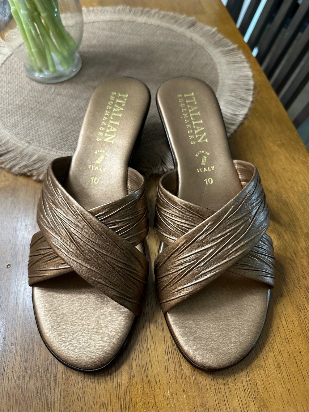 Italian Shoemakers Metallic Bronze Crisscross Slide Mules
